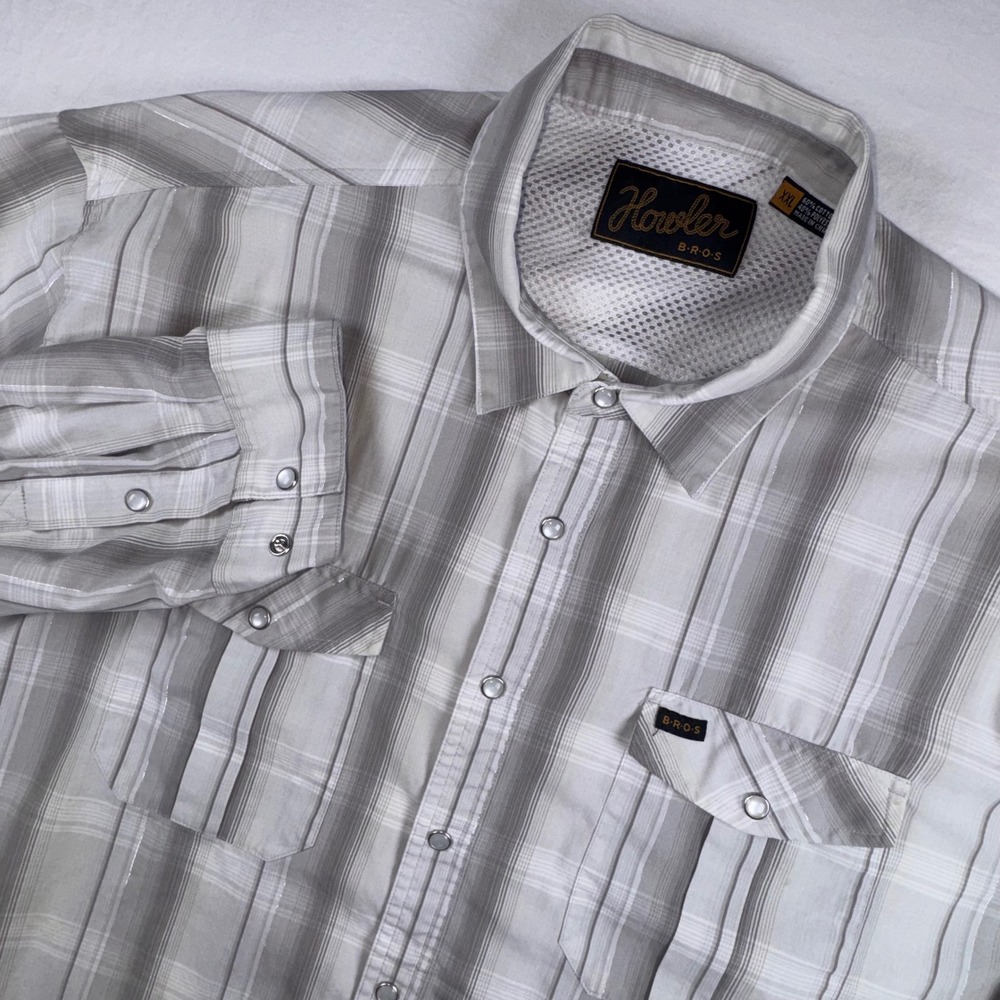 Howler Brothers Pearl Snap Shirt Mens XXL Grey White Plaid Western Long Sleeve